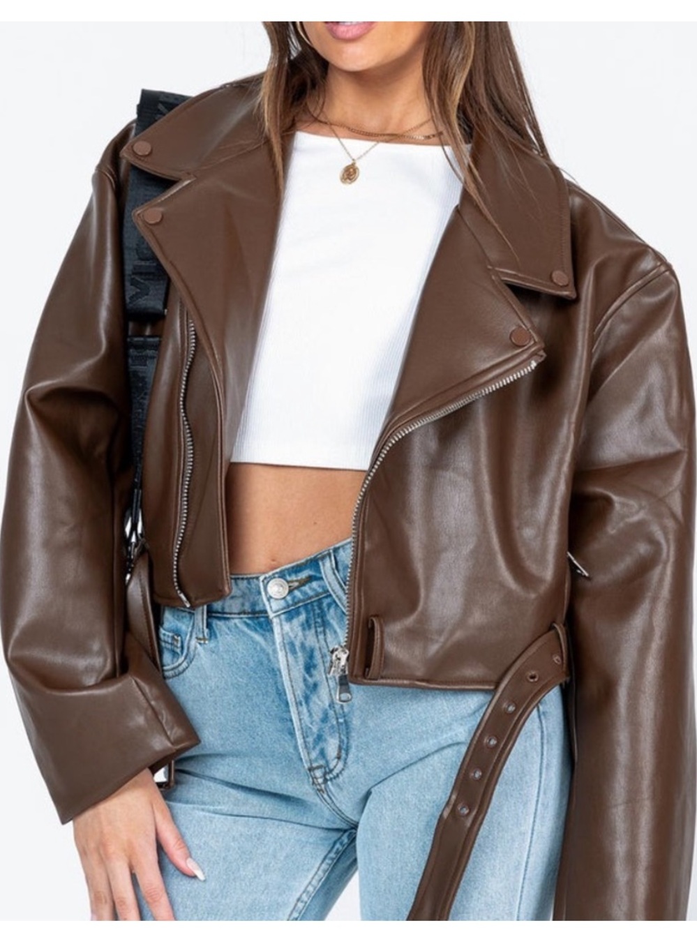 Lioness Chocolate Brown Faux Leather Cropped Moto Jacket